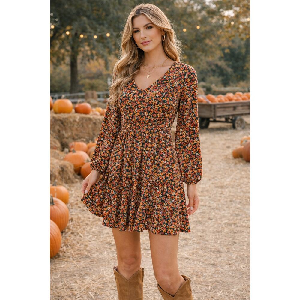 Gilli Floral Long Sleeve Mini Dress Size Small Fall Colors Boho - Picture 1 of 8